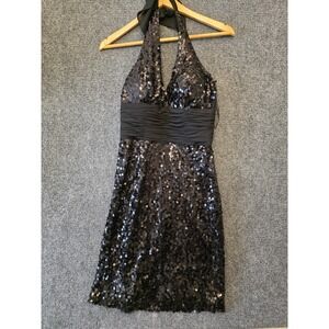 White House Black Market Dress Womens 0 Black Sequin Halter Ruched Mini Party